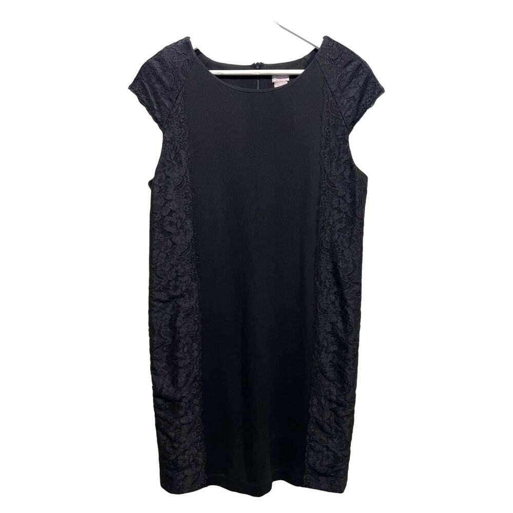 Chicos Size 1/US 8 Black Stretch Sheath Lace Cap Sleeve Knee Length Dress